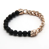 Men Gothic Skull Lava Rock Bracelet Half Chain Half Bead Magnetic Clasp Bracelet Punk Gun Black Alloy Wrist Jewelry for Guys
