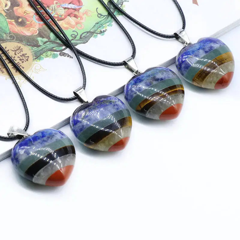 Seven Chakra Rainbow Heart Stone Pendant Polished Healing Crystal Love Symbol Necklace for Women