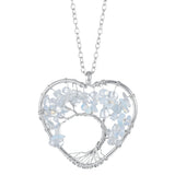 Heart Shaped Tree of Life Pendant Necklace, Natural Chip Gemstone Chakra Crystal Necklace Silver Wire Wrapped Jewelry Gift for Women