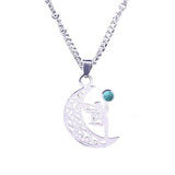 Vintage Stainless Steel Fairy on Moon Pendant Necklace - Natural Amethyst Stone Celestial Jewelry - Whimsical Angel Necklace for Women