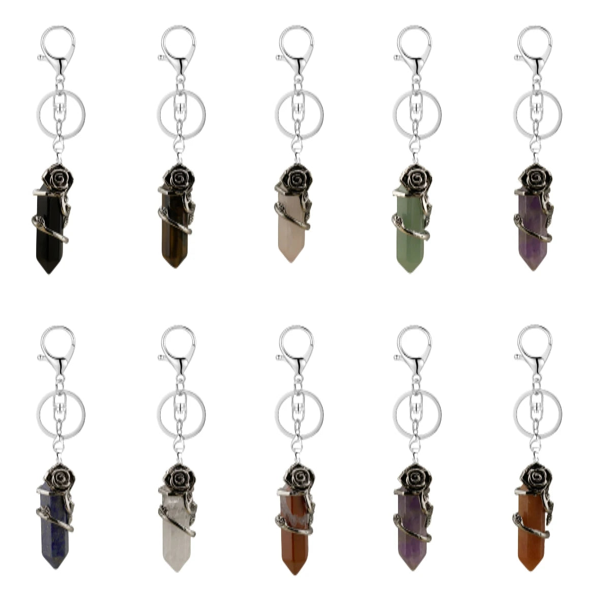 Natural Crystal Hexagonal Point Keychain • Antique Silver Rose Wrapped Gemstone Keyring • Gothic Healing Stone Bag Charm Accessory