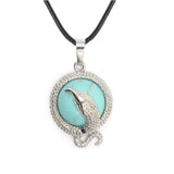 Eagle Silhouette Round Pendant Necklace Silver Lace Frame Natural Crystal Black Wax Cord Spirit Animal Jewelry