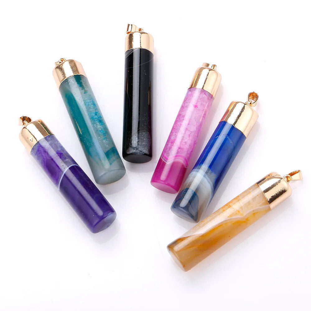 Multi‑Color Banded Agate Cylinder Pendant Gold Plated Top Cap Natural Stone Bar Pendant, Raw Polished Crystal Charm for Handmade Necklace Craft