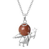 Angel Holding Natural Crystal Ball Pendant Necklace, Silver‑Plated Metal Angel Figurine Spherical Gemstone Charm Reiki Healing Spiritual Jewelry for Women Gift