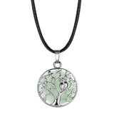 Owl Family Tree of Life Gemstone Necklace – 30mm Round Natural Stone Pendant with 18-Inch Leather Cord