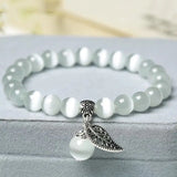 8MM Mystical Cat's Eye Stone Beaded Bracelets with Silver Leaf Accent Healing Elegant Inspired Jewelry