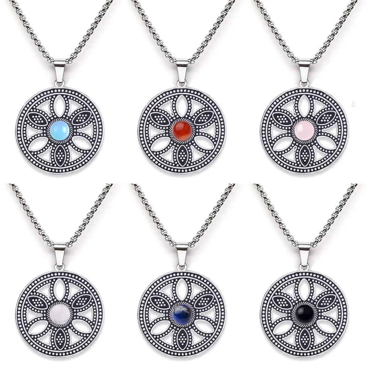 Hollow Life Flower Stainless Steel Gemstone Necklace for Women Men