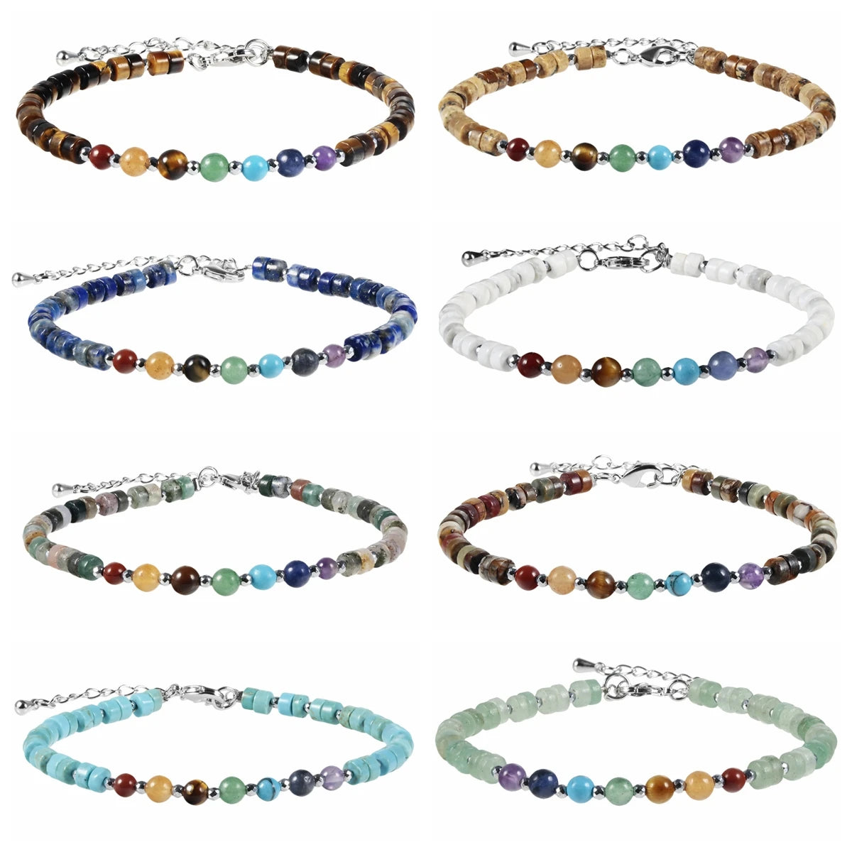 7 Chakra Healing Heishi Stone Beaded Bracelet Natural Gemstone Disc Bead Adjustable Silver Chain Bracelet for Yoga Meditation Women Men