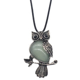 Vintage Antique Silver Owl Pendant, Natural Mixed Gemstone Owl on Branch Charm, Retro Metal Owl Inlaid Crystal Stone Pendant, Reiki Healing Animal Necklace Jewelry for Women