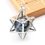 Merkaba Star Cage Natural Sphere Crystal Pendant Necklace, Silver‑Tone Metal Hollow Star Frame with Round Gemstone Bead Reiki Chakra Healing Necklace for Women