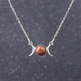 Triple Moon Goddess Natural Crystal Necklace, Silver Plated Triple Crescent Moon Pendant Round Cabochon Gemstone Necklace Reiki Chakra Healing Wicca Spiritual Jewelry for Women