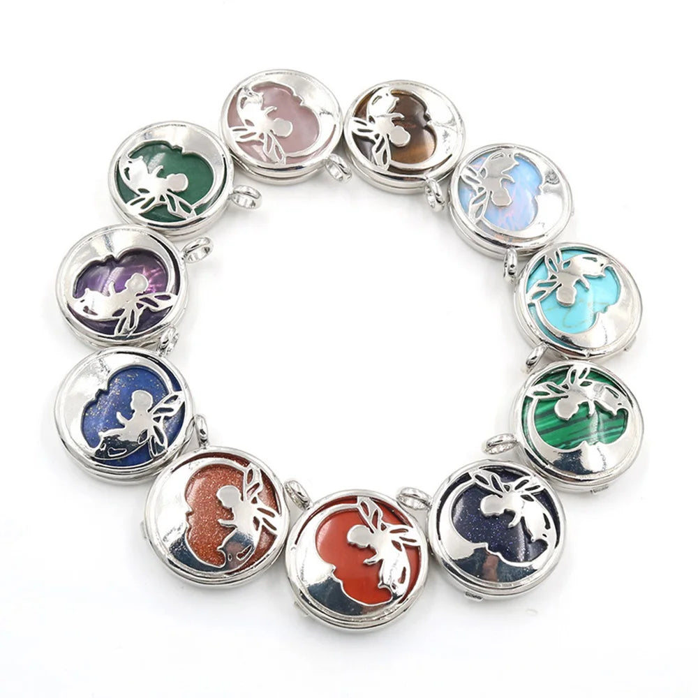 Fairy Hollow Cutout Open Locket Necklace with Natural Crystal Stone Silver Plated Memory Wish Box Pendant Black Wax Cord Necklace for Women