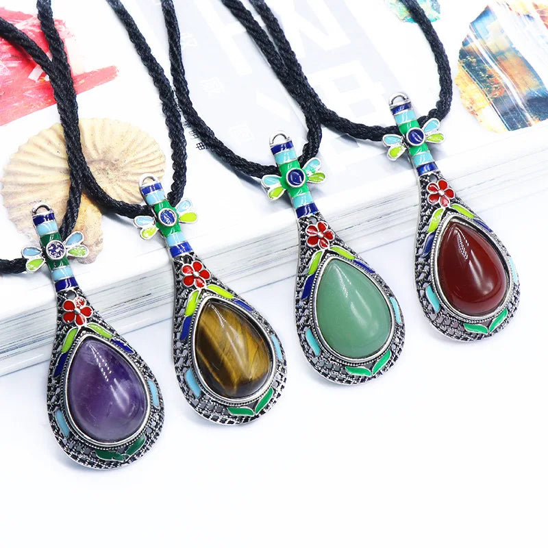 Ethnic Enamel Vase‑Shape Natural Gemstone Pendant, Retro Hollow Alloy Teardrop Cabochon Crystal Pendant, Colorful Enamel Chakra Reiki Healing DIY Necklace Jewelry Charm