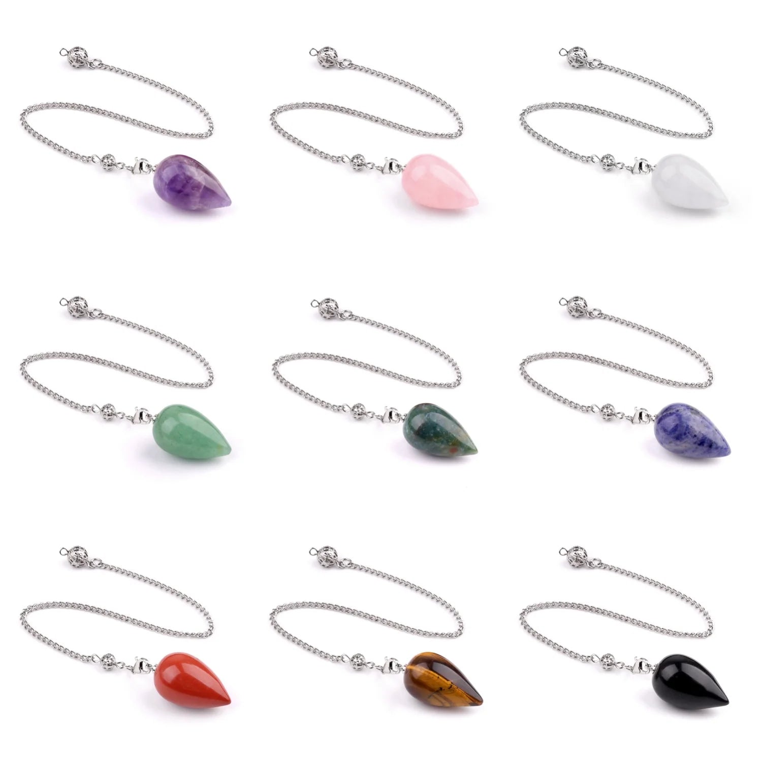 Natural Quartz Crystal Water Drop Pendulum Faceted Teardrop Gemstone Healing Pendulums with Silver Chain for Dowsing Divination Chakra Energy Balancing
