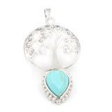 Silver Plated Life Of Tree Pendant with Teardrop Natural Crystal Stone Hollow Filigree Chakra Healing Gemstone Charm for Necklace Making