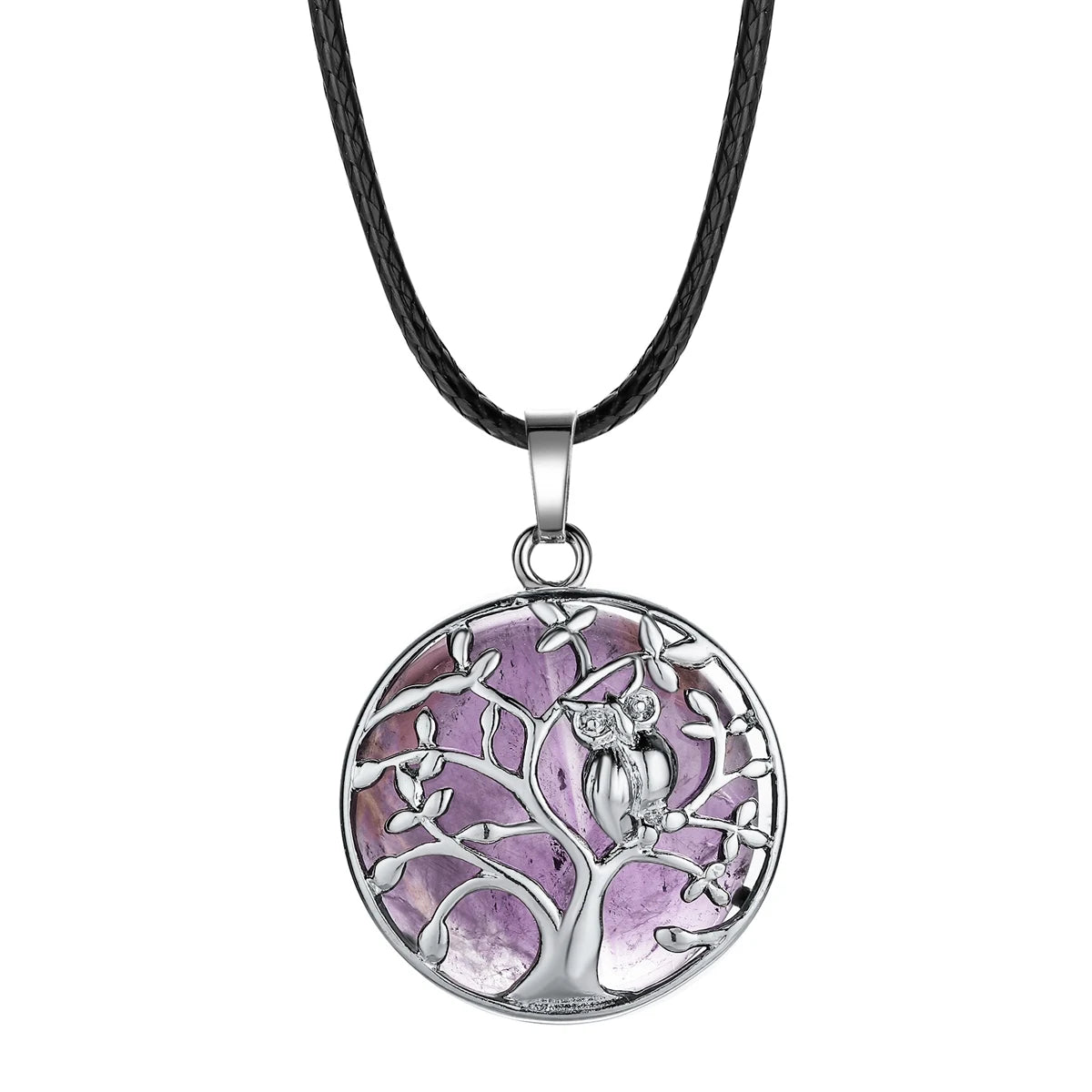 Owl Family Tree of Life Gemstone Necklace – 30mm Round Natural Stone Pendant with 18-Inch Leather Cord