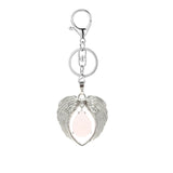 Silver Angel Wings Heart Keyring - Natural Stone Teardrop Crystal Keychain for Purse, Backpack, Handbag, Car Keys