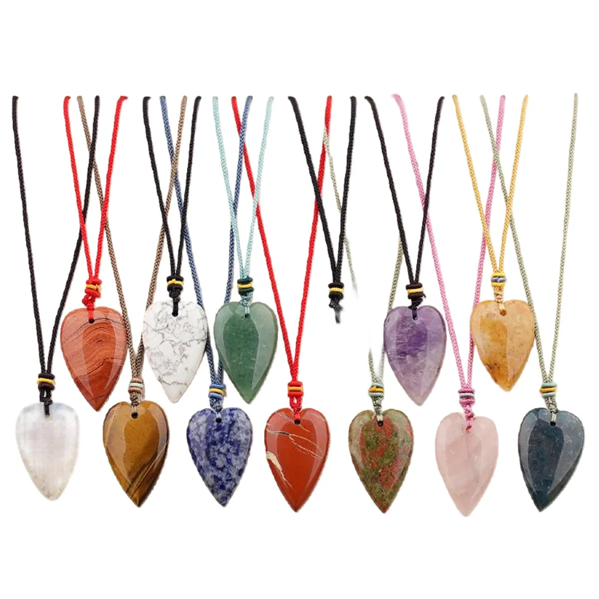 4cm Natural Crystal Long Heart Pendant Necklace | Polished Gemstone Teardrop Heart with Adjustable Cord
