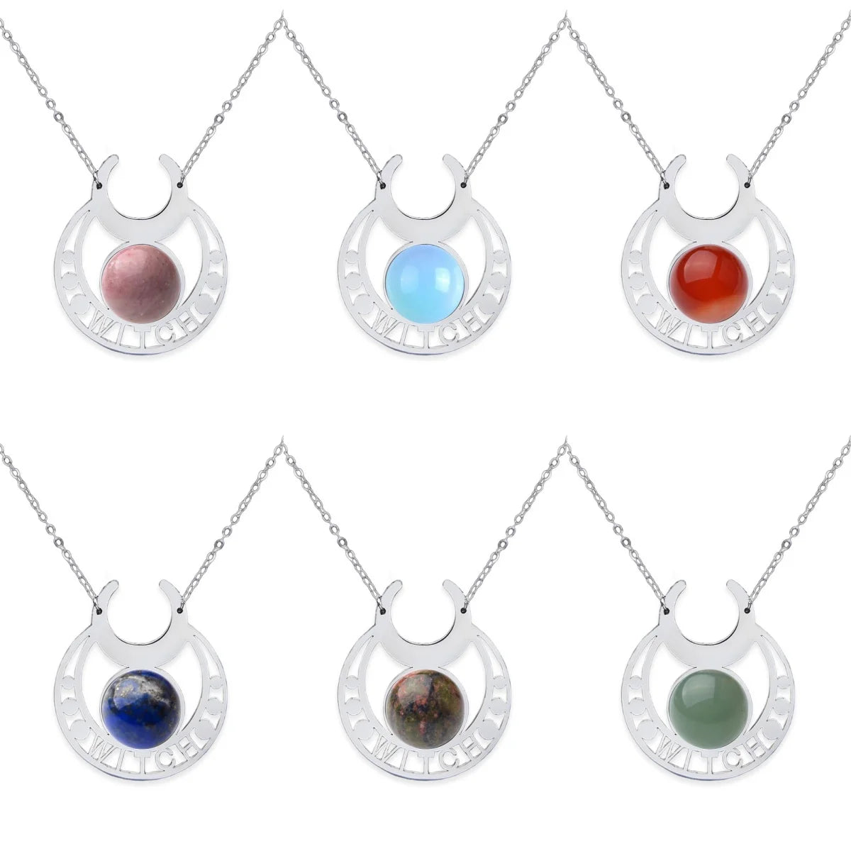 Stainless Steel Witch Moon Pendant Necklace - Triple Moon Goddess Symbol with Moonstone Style Gemstone - Wiccan Pagan Jewelry for Women & Men