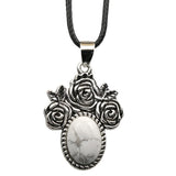 Silver Rose Flower Oval Gemstone Necklace 45CM Black Cord SN1503  10X14mm Stone Cab Pendant Jewelry