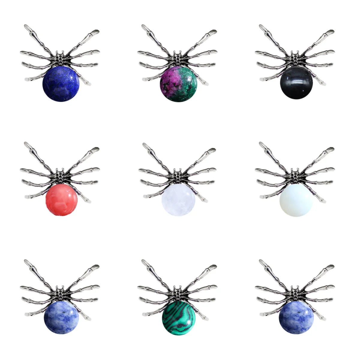 47×40mm Natural Crystal Ball Spider Pendant | Gothic Antique Silver Insect Charm for DIY Jewelry