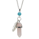 Natural Crystal Point Pendant Necklace with Feather Charm, Hexagonal Gemstone Bullet Point Necklace with Turquoise Bead, Healing Chakra Crystal Jewelry for Women