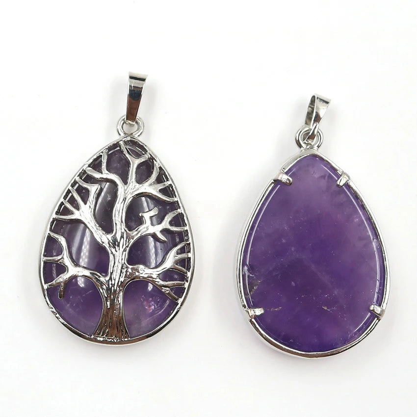Tree of Life Teardrop Crystal Pendant Natural Gemstone Necklace Multi‑Variety Chakra Healing Stone Silver Plated Jewelry Gift for Women