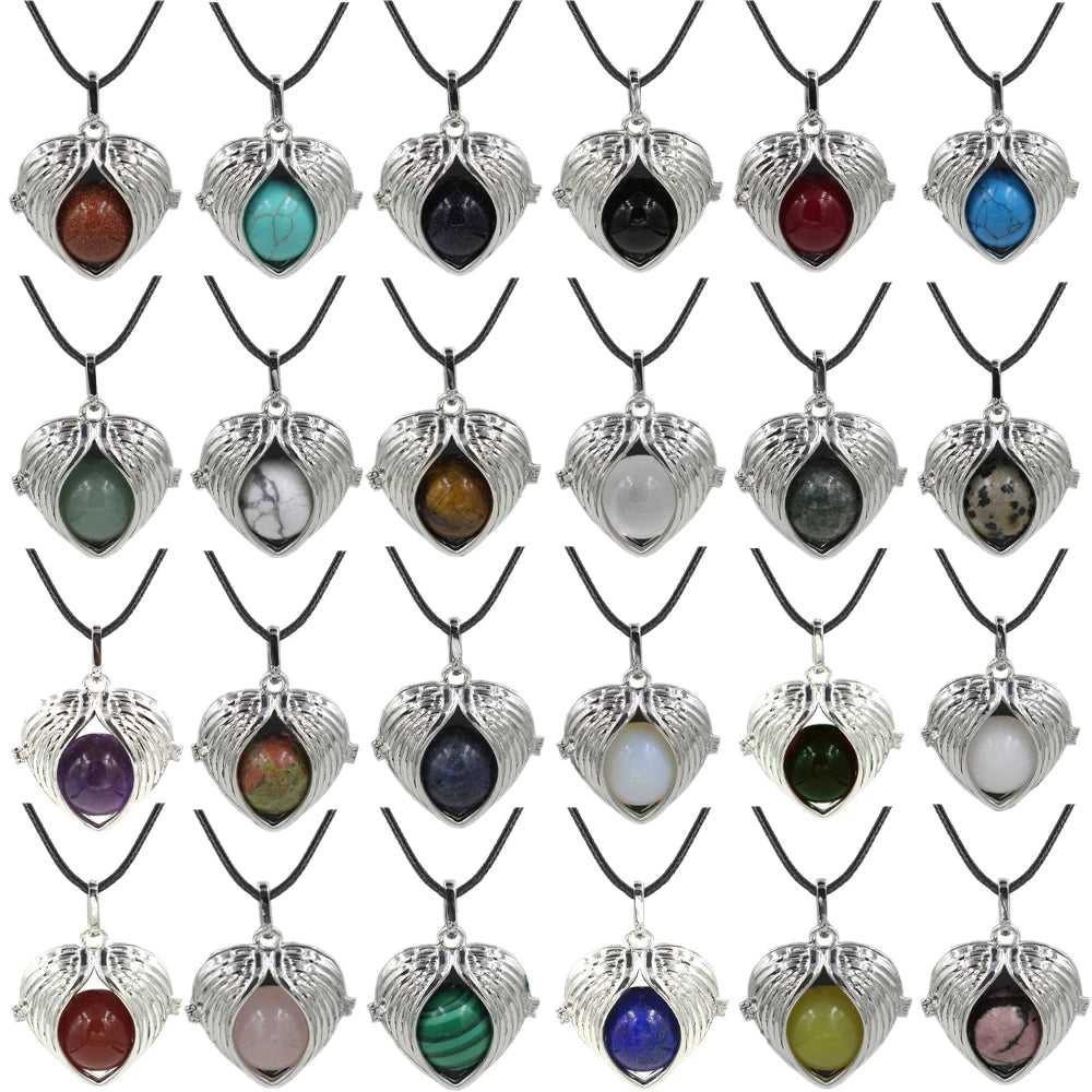 Angel Wing Heart Crystal Ball Pendant Necklace Silver Plated Natural Round Stone Chakra Healing Black Wax Cord Necklace for Women