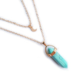 Layered Moon Choker Hexagonal Crystal Point Pendant Necklace, Natural Healing Gemstone Gold Plated Chain for Women