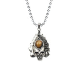 Gothic Flame Skull Pendant Necklace • Stainless Steel Ball Chain with Natural Gemstone Ball • Punk Hip Hop Skeleton Rocker Jewelry for Men Women
