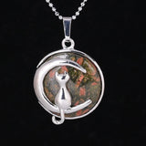 Round Natural Gemstone Pendant Silver Tone Crescent Moon Cat Crystal Charm for DIY Jewelry Making Necklace Craft Supplies