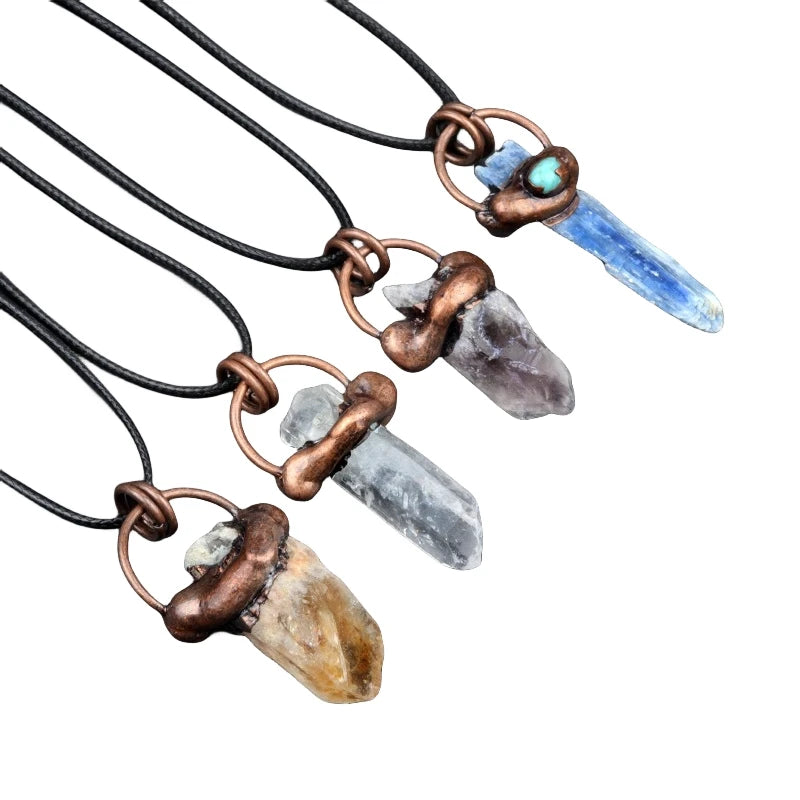 Raw Crystal Point Pendant Necklace - Antique Copper Wrapped Rough Citrine, Amethyst, Kyanite Quartz Natural Stone Witchy Jewelry Gift