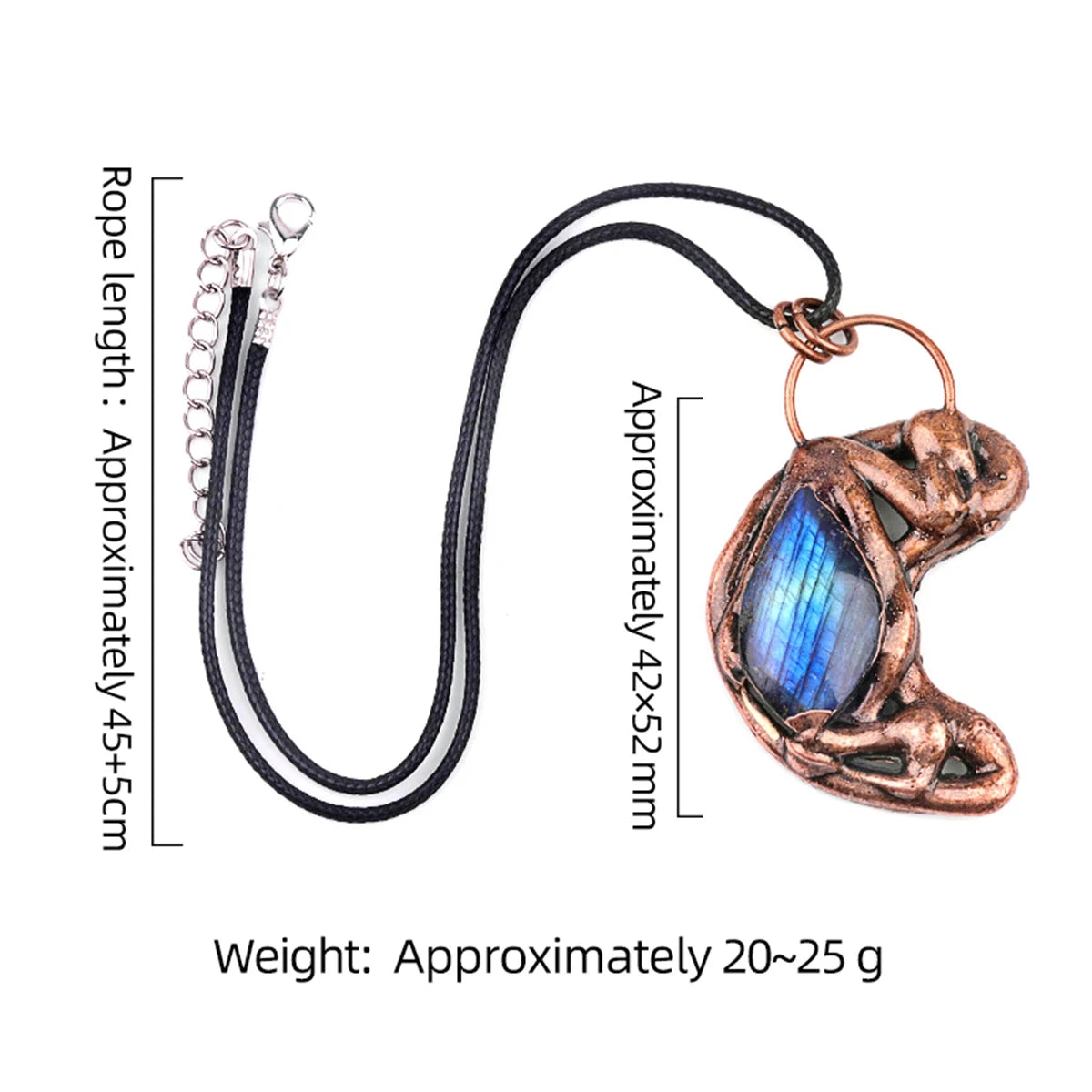 42×52mm Copper Wire-Wrapped Moon Goddess Labradorite Pendant Necklace | Retro Natural Stone Jewelry