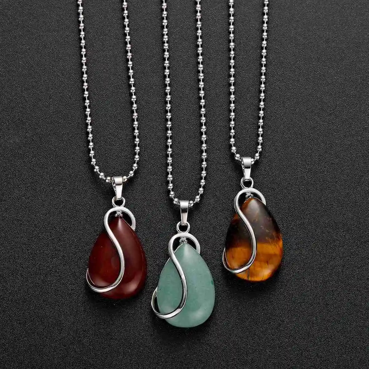 Polished Teardrop Natural Crystal Stone Necklace, Silver Wire Wrapped Gem Pendant with Wax Cord Multi‑Color Variants Chakra Reiki Meditation Neck Jewelry