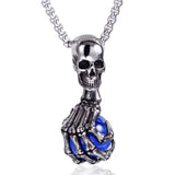 Gothic Skull & Skeleton Hand Blue Crystal Ball Pendant Necklace for Men • Stainless Steel Vintage Punk Jewelry