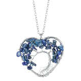 Heart Shaped Tree of Life Pendant Necklace, Natural Chip Gemstone Chakra Crystal Necklace Silver Wire Wrapped Jewelry Gift for Women