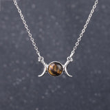 Triple Moon Goddess Natural Crystal Necklace, Silver Plated Triple Crescent Moon Pendant Round Cabochon Gemstone Necklace Reiki Chakra Healing Wicca Spiritual Jewelry for Women