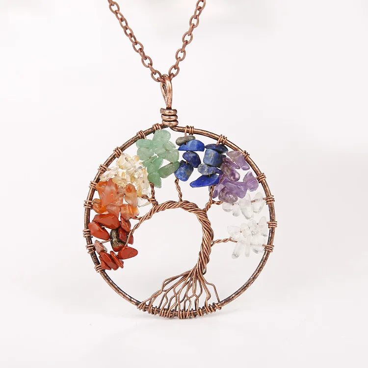 7 Chakra Tree of Life Natural Crystal Chip Pendant Necklace Antique Copper Wire Wrapped Chakra Stones Tree Pendant for Spiritual Healing Jewelry Gift