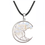 Crescent Moon Tree of Life Pendant Necklace, Natural Crystal Gemstone Chakra Healing Stone Necklace, Handmade Wire Wrapped Crystal Life Tree Jewelry Gift for Women