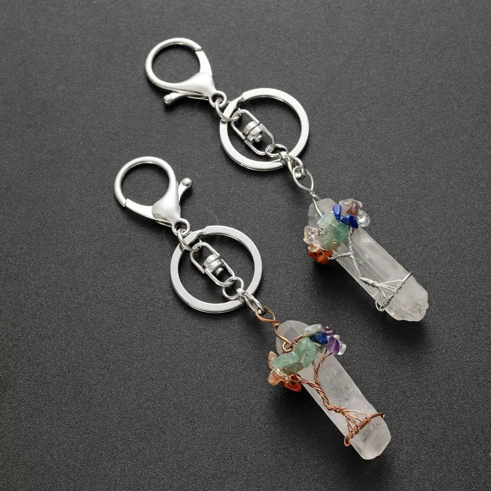 Chakra Gemstone Tree of Life Wire Wrapped Natural Clear Quartz Healing Crystal Point Pendant Key Chain Mother's Day Gift