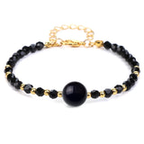 4mm Faceted Black Crystal Beaded Bracelet with 10mm Natural Stone Center Bead Gold Plated Adjustable Extension Chain Chakra Healing Bracelet for Women