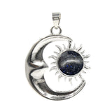 Natural Crystal Sun and Moon Pendant | Celestial Crescent Moon Gemstone Charm | Silver Alloy Sunburst Quartz Cabochon Jewelry Findings for DIY Making