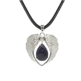 Vintage Silver Angel Wings Heart Necklace - Natural Stone Wax Cord Teardrop Pendant for Men & Women, Spiritual Gift