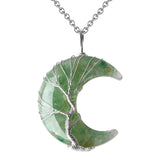 Natural Stone Tree of Life Moon Necklace • Silver Wire Wrapped Crescent Moon Crystal Pendant • Healing Chakra Celestial Jewelry Gift for Women Men