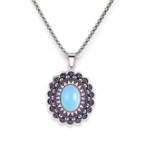 Vintage Stainless Steel Mandala Disc Pendant Necklace - Natural Picture Jasper Stone - Western Retro Flower Pendant for Men & Women