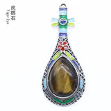 Ethnic Enamel Vase‑Shape Natural Gemstone Pendant, Retro Hollow Alloy Teardrop Cabochon Crystal Pendant, Colorful Enamel Chakra Reiki Healing DIY Necklace Jewelry Charm