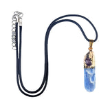 Blue Kyanite Pillar Pendant Necklace with Amethyst Accent | Gold Electroplated Crystal Necklace with Adjustable Black Cord