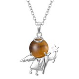 Angel Holding Natural Crystal Ball Pendant Necklace, Silver‑Plated Metal Angel Figurine Spherical Gemstone Charm Reiki Healing Spiritual Jewelry for Women Gift