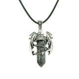 Gothic Winged Dragon Hexagonal Crystal Point Necklace, Vintage Silver Pterosaur Column Pendant, Punk Minimalist Protection Amulet with Black Rope Cord for Men & Women