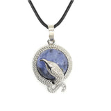 Eagle Silhouette Round Pendant Necklace Silver Lace Frame Natural Crystal Black Wax Cord Spirit Animal Jewelry